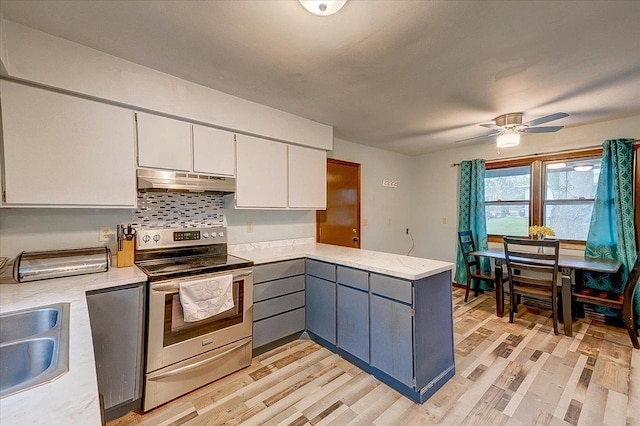 864 Suellen Ln, Portage, WI 53901 - kitchen featuring stainless steel electric stove, under cabinet range hood, a sink, a peninsula, and white cabinetry