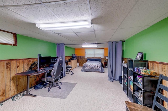 864 Suellen Ln, Portage, WI 53901 - bedroom featuring wood walls, a wainscoted wall, carpet, and a drop ceiling
