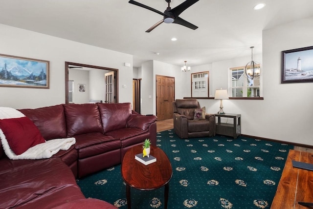 6102 Misty Bridge Rd, Madison, WI 53718 - living room featuring ceiling fan, baseboards, recessed lighting, and a chandelier