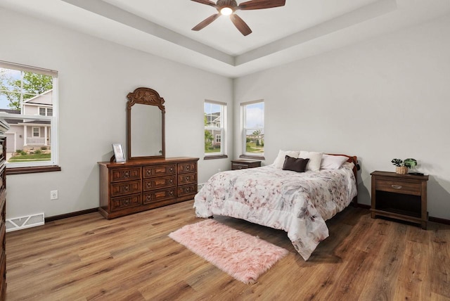 6102 Misty Bridge Rd, Madison, WI 53718 - bedroom with wood finished floors, a raised ceiling, a ceiling fan, and baseboards