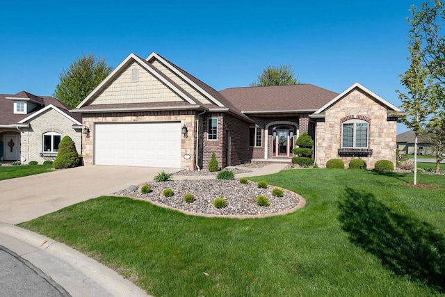 870 Eden Ct, Menasha, WI 54956 - view of front facade featuring an attached garage, a front lawn, concrete driveway, stone siding, and brick siding