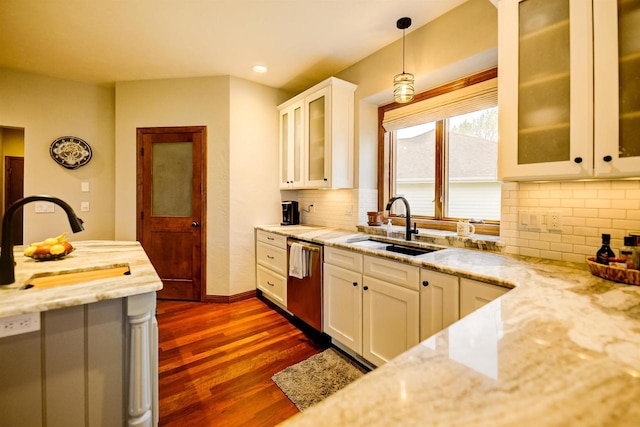 870 Eden Ct, Menasha, WI 54956 - kitchen featuring dishwasher, a sink, dark wood finished floors, white cabinetry, and recessed lighting