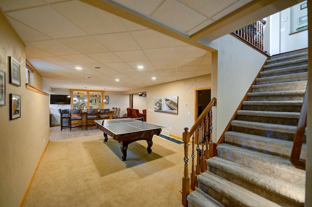 870 Eden Ct, Menasha, WI 54956 - rec room featuring carpet floors, recessed lighting, a drop ceiling, pool table, and baseboards