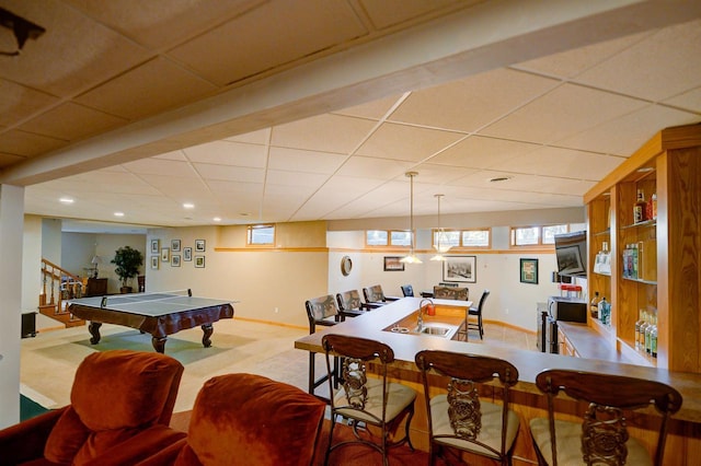 870 Eden Ct, Menasha, WI 54956 - rec room featuring a paneled ceiling, baseboards, recessed lighting, and carpet
