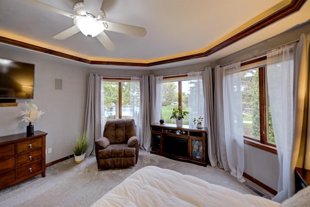870 Eden Ct, Menasha, WI 54956 - bedroom featuring carpet flooring, a tray ceiling, baseboards, and a ceiling fan