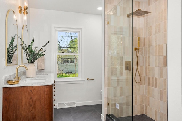2285 N 166th St, Brookfield, WI 53005 - bathroom with a walk in shower, vanity, tile patterned floors, and baseboards