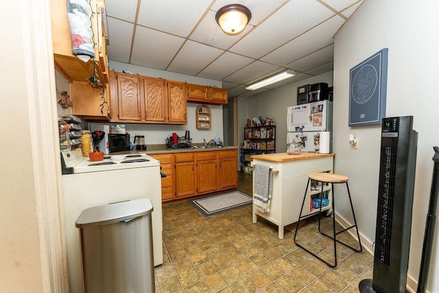306 Wisconsin St, Oshkosh, WI 54901 - kitchen with range with electric cooktop, a paneled ceiling, freestanding refrigerator, brown cabinets, and a sink