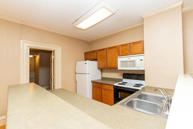 306 Wisconsin St, Oshkosh, WI 54901 - kitchen featuring white appliances, a sink, brown cabinetry, and ornamental molding
