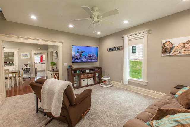 514 Doty St, Mineral Point, WI 53565 - carpeted living area featuring a ceiling fan, baseboards, and recessed lighting