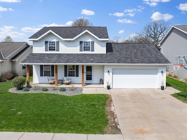 2731 Hamilton St, Oshkosh, WI 54901 - traditional home with covered porch, an attached garage, a front lawn, driveway, and roof with shingles
