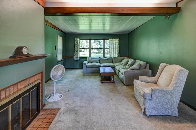 1614 Lake View Ave, Madison, WI 53704 - carpeted living room with beamed ceiling and a fireplace