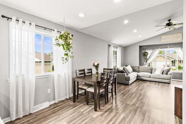 632 Grove St, Portage, WI 53901 - dining room featuring wood finished floors, recessed lighting, lofted ceiling, ceiling fan, and baseboards