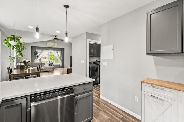 632 Grove St, Portage, WI 53901 - kitchen with dishwasher, wood finished floors, light countertops, gray cabinetry, and baseboards