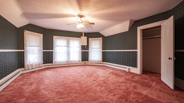 N2145 Lind Center Rd, Waupaca, WI 54981 - unfurnished bedroom with lofted ceiling, wallpapered walls, carpet, and ceiling fan