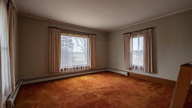 N2145 Lind Center Rd, Waupaca, WI 54981 - unfurnished room featuring crown molding, carpet flooring, a baseboard heating unit, and baseboards