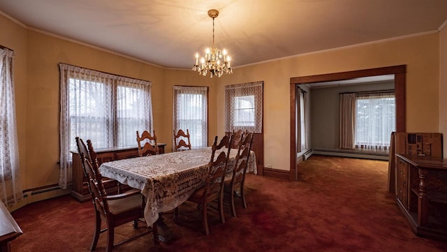 N2145 Lind Center Rd, Waupaca, WI 54981 - carpeted dining area with a baseboard radiator, a chandelier, crown molding, and baseboards