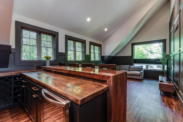 810 Farwell Dr, Madison, WI 53704 - kitchen featuring butcher block counters, dark wood-style floors, healthy amount of natural light, open floor plan, and lofted ceiling