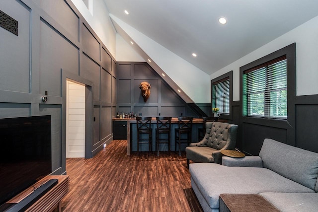 810 Farwell Dr, Madison, WI 53704 - cinema featuring a decorative wall, a dry bar, dark wood-type flooring, recessed lighting, and high vaulted ceiling