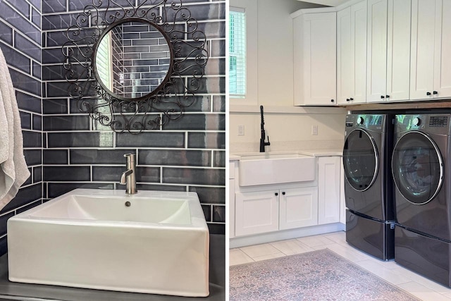 810 Farwell Dr, Madison, WI 53704 - bathroom with washer and clothes dryer, tile patterned flooring, and vanity