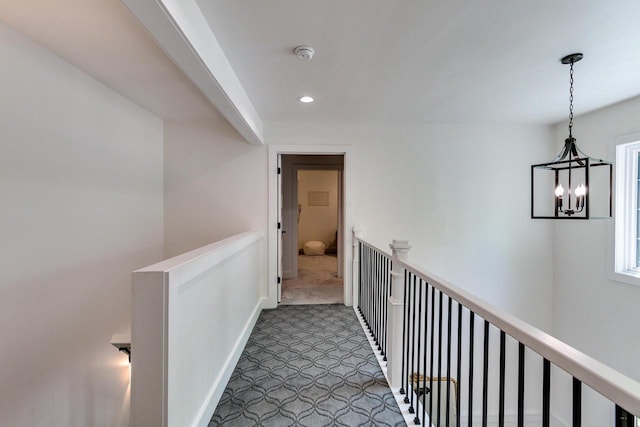 810 Farwell Dr, Madison, WI 53704 - hall featuring an upstairs landing, a chandelier, recessed lighting, and light colored carpet