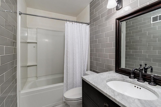810 Farwell Dr, Madison, WI 53704 - full bathroom with toilet, vanity, shower / bath combination with curtain, and tile walls