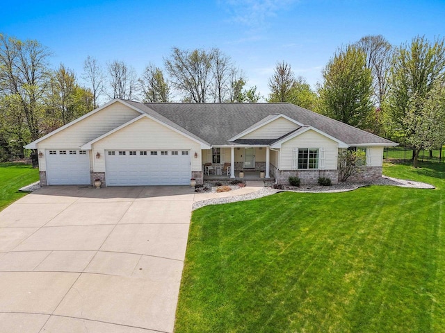 2074 Sandy Springs Rd, De Pere, WI 54115 - ranch-style home with a porch, an attached garage, driveway, a front lawn, and brick siding