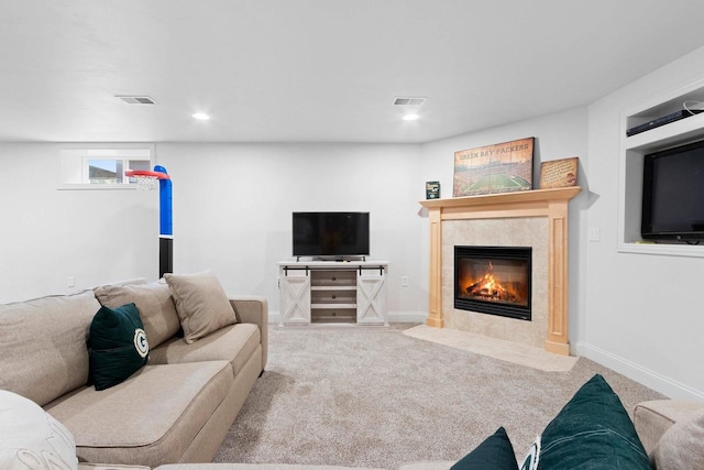 2074 Sandy Springs Rd, De Pere, WI 54115 - carpeted living room with a tiled fireplace, recessed lighting, and baseboards