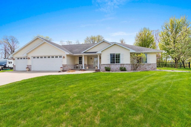 2074 Sandy Springs Rd, De Pere, WI 54115 - view of front of property with a garage, brick siding, driveway, a front lawn, and a porch