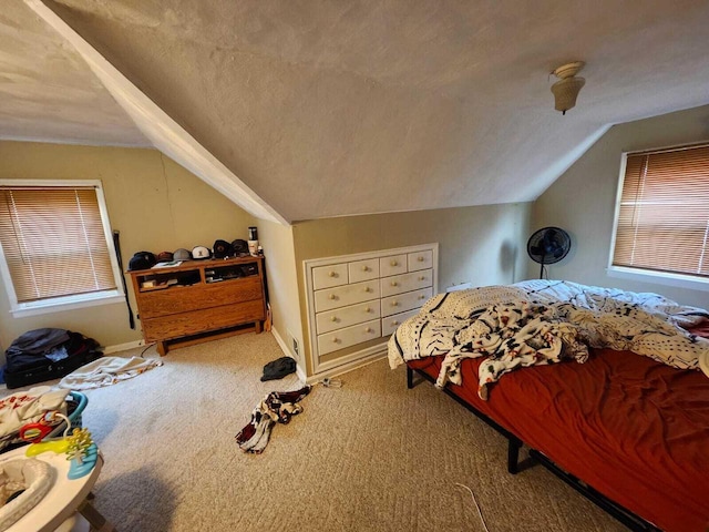 805 S Wacouta Ave, Prairie Du Chien, WI 53821 - carpeted bedroom featuring vaulted ceiling, a textured ceiling, and baseboards