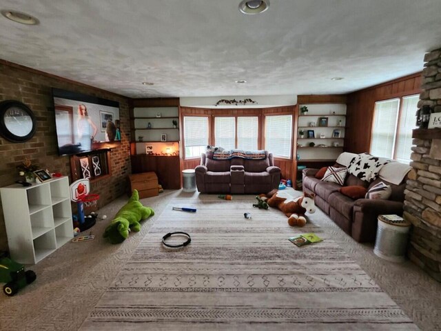 805 S Wacouta Ave, Prairie Du Chien, WI 53821 - living room with carpet flooring, plenty of natural light, wood walls, and brick wall