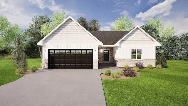 708 Reeve Rd, Mazomanie, WI 53560 - modern farmhouse style home with board and batten siding, stone siding, a garage, and a front lawn