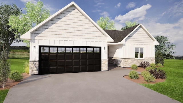 708 Reeve Rd, Mazomanie, WI 53560 - view of front of house with stone siding, board and batten siding, an attached garage, and a front yard