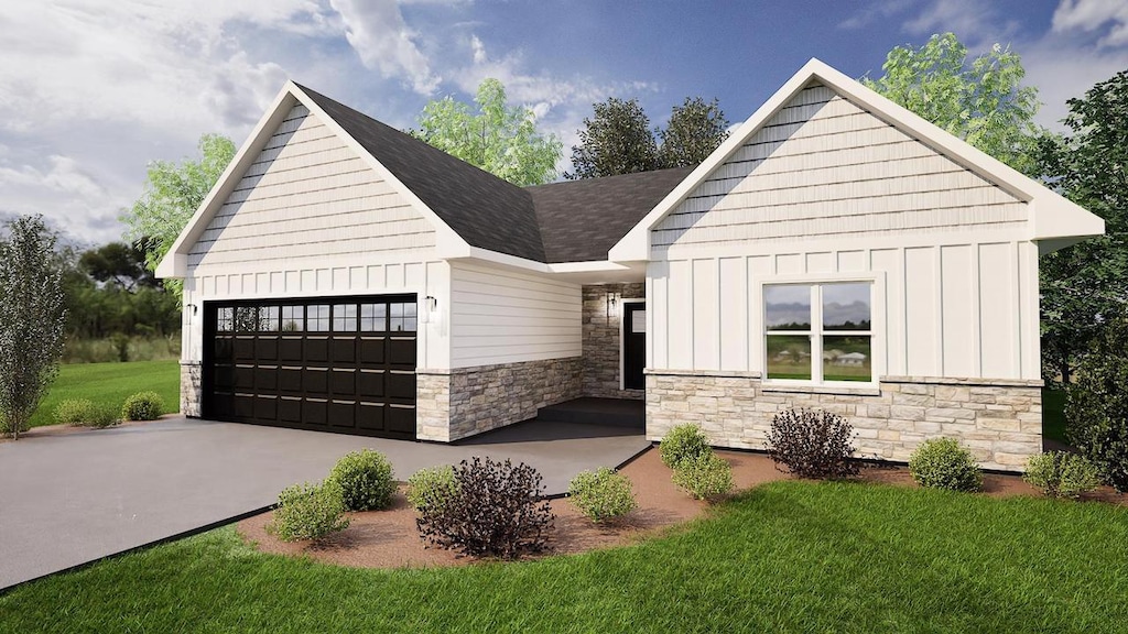 708 Reeve Rd, Mazomanie, WI 53560 - view of front of home with board and batten siding, stone siding, a front lawn, and an attached garage