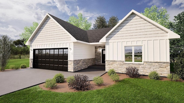 708 Reeve Rd, Mazomanie, WI 53560 - view of front of home with board and batten siding, stone siding, a front lawn, and an attached garage