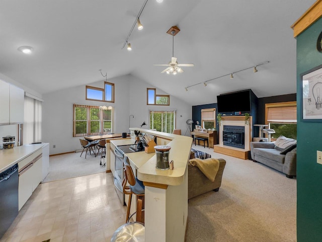 911 Fawn Ln, Port Edwards, WI 54469 - living area with track lighting, vaulted ceiling, a glass covered fireplace, a ceiling fan, and baseboards