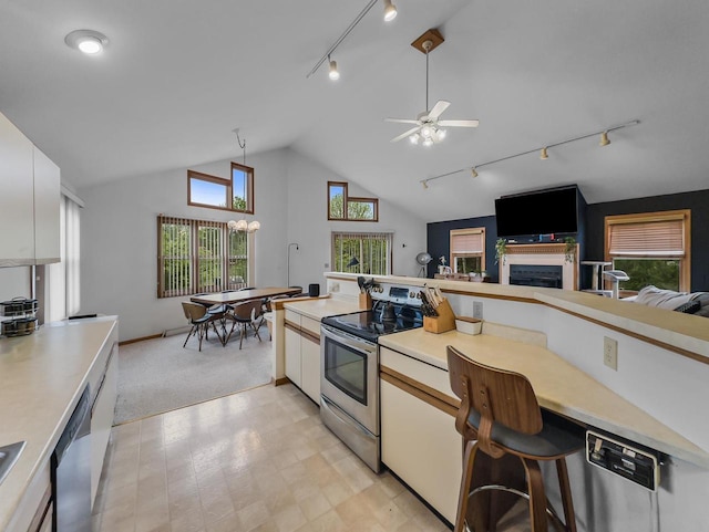 911 Fawn Ln, Port Edwards, WI 54469 - kitchen with rail lighting, stainless steel appliances, light countertops, and lofted ceiling
