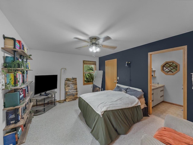 911 Fawn Ln, Port Edwards, WI 54469 - bedroom with light colored carpet, a ceiling fan, and baseboards