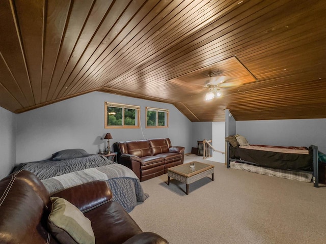 911 Fawn Ln, Port Edwards, WI 54469 - carpeted bedroom with wooden ceiling, lofted ceiling, and ceiling fan