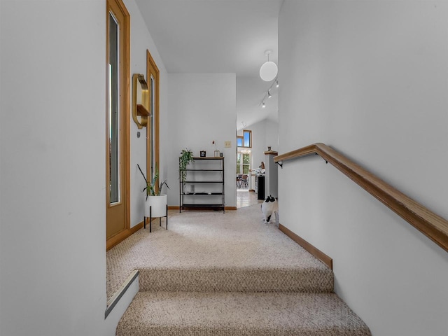 911 Fawn Ln, Port Edwards, WI 54469 - stairway featuring carpet floors, lofted ceiling, baseboards, and track lighting