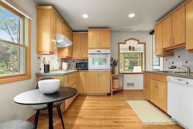 5406 Marsha Dr, Madison, WI 53705 - kitchen featuring appliances with stainless steel finishes, backsplash, under cabinet range hood, light wood-type flooring, and a sink