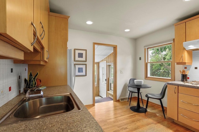 5406 Marsha Dr, Madison, WI 53705 - kitchen featuring tasteful backsplash, light wood finished floors, a sink, under cabinet range hood, and recessed lighting