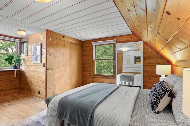 5406 Marsha Dr, Madison, WI 53705 - bedroom with wooden walls, wood finished floors, lofted ceiling, and wooden ceiling