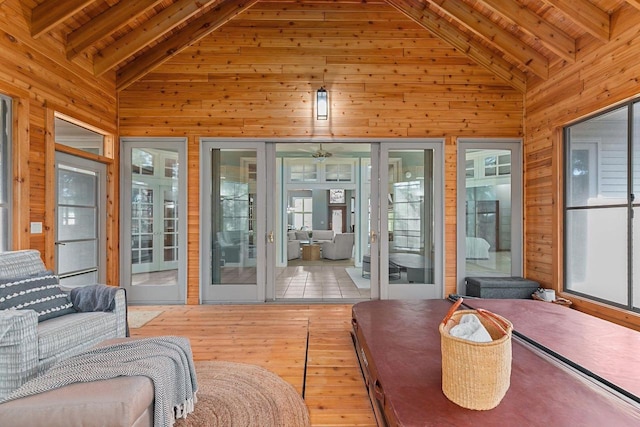 441 E Apple Creek Rd, Appleton, WI 54913 - living area featuring beam ceiling, wood walls, healthy amount of natural light, hardwood / wood-style flooring, and wooden ceiling