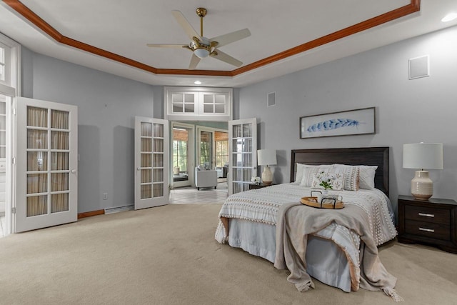 441 E Apple Creek Rd, Appleton, WI 54913 - carpeted bedroom featuring a tray ceiling, french doors, recessed lighting, baseboards, and ceiling fan