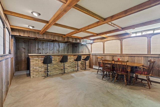 sunroom / solarium with coffered ceiling, beam ceiling, and a baseboard radiator
