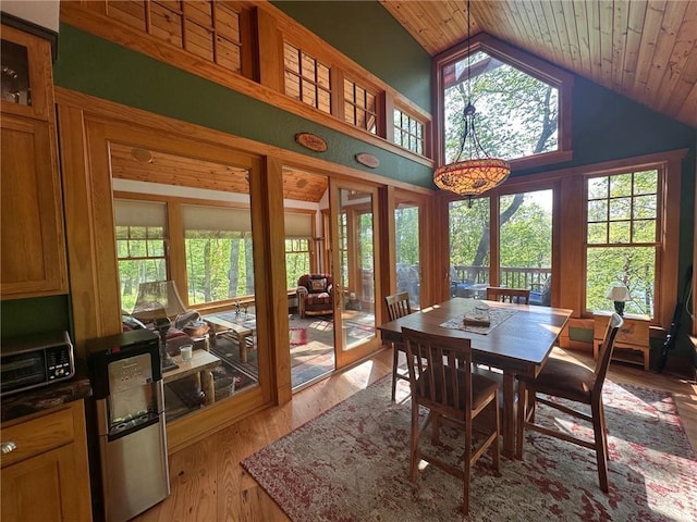 W735 County Road D, Birchwood, WI 54817 - dining area with healthy amount of natural light, high vaulted ceiling, light wood-style flooring, and wood ceiling