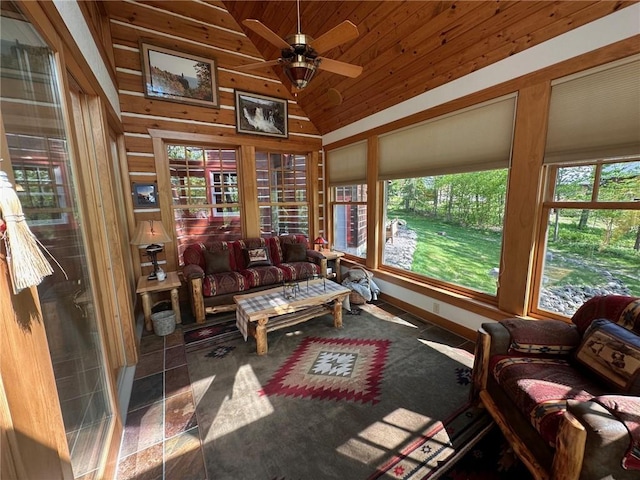 W735 County Road D, Birchwood, WI 54817 - sunroom featuring plenty of natural light, wood walls, high vaulted ceiling, and wooden ceiling