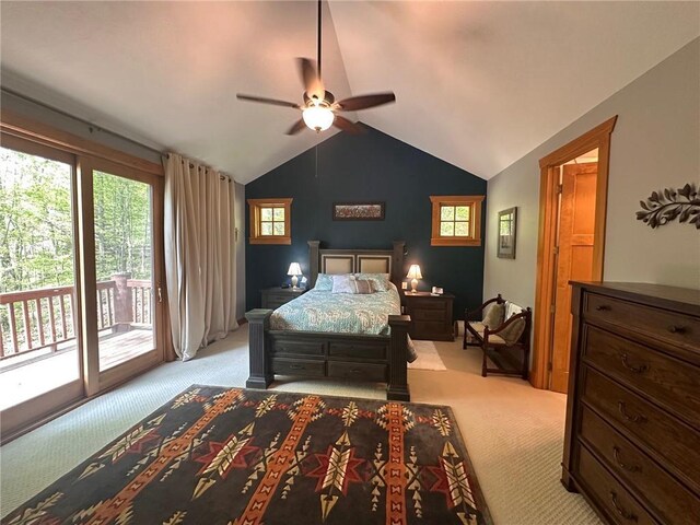W735 County Road D, Birchwood, WI 54817 - bedroom with light carpet, access to exterior, vaulted ceiling, and ceiling fan