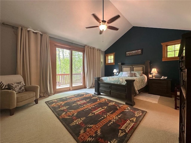 W735 County Road D, Birchwood, WI 54817 - bedroom featuring light carpet, access to exterior, lofted ceiling, multiple windows, and a ceiling fan