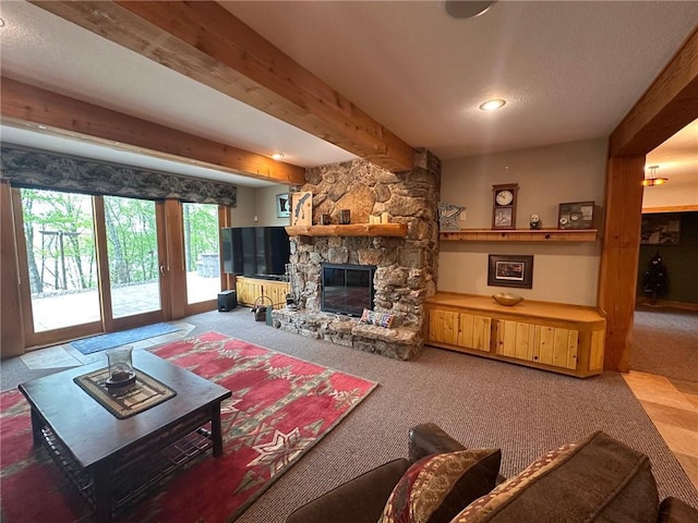 W735 County Road D, Birchwood, WI 54817 - carpeted living room featuring a stone fireplace, beamed ceiling, and recessed lighting